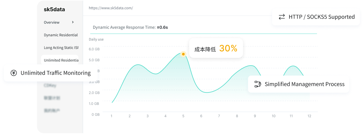 Unlimited residential proxy dashboard with traffic monitoring and HTTP / SOCKS5 support